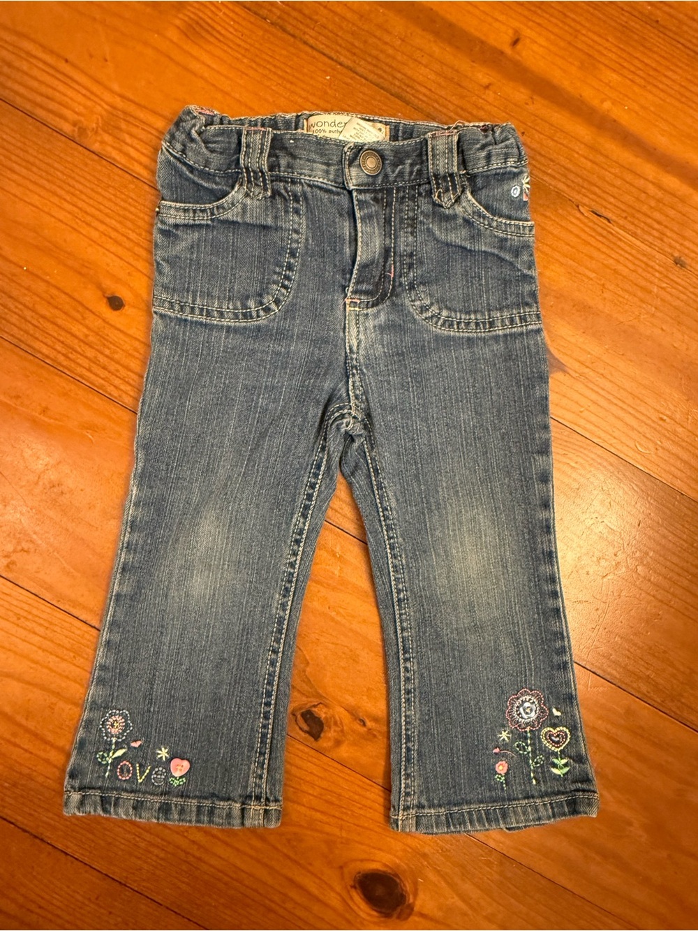 Wonderkids Toddler Blue Denim Jeans with Hem Floral Embroidery 18 month
